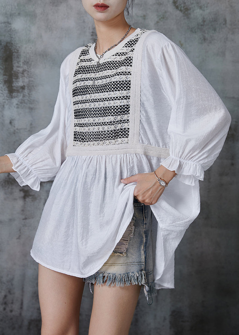 White Oversized Patchwork Cotton Tops Bracelet Sleeve