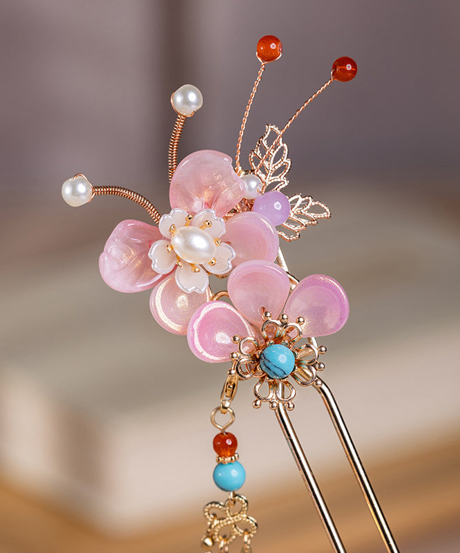 Fine Colorblock Alloy Pearl Turquoise Colored Glaze Tassel Hairpin
