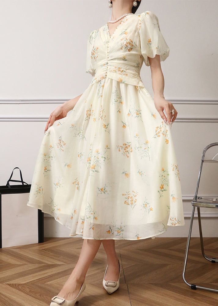 Apricot Print High Waist Chiffon Dress Summer