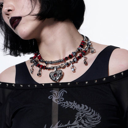 Chrome and Red Heart Skull Necklace