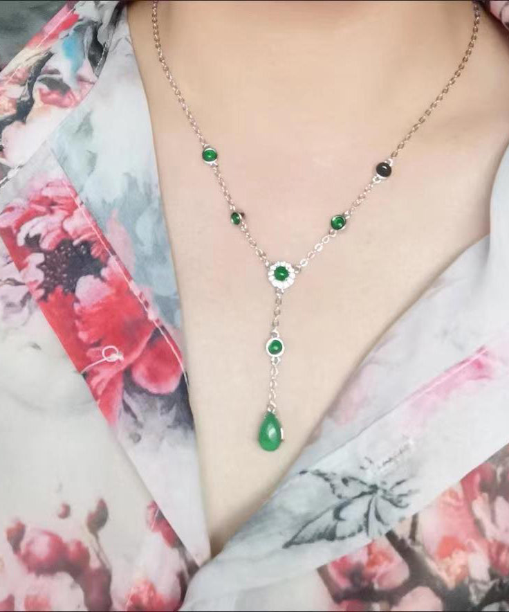 New Green Sterling Silver Overgild Zircon Jade Tassel Pendant Necklace Ac1033