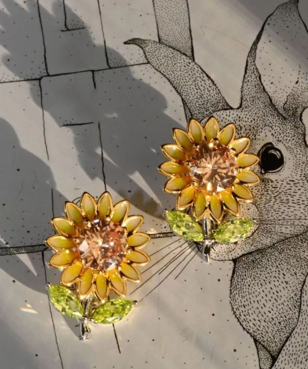New Yellow Sterling Silver Overgild Zircon Enamel Sunflower Stud Earrings Df1006