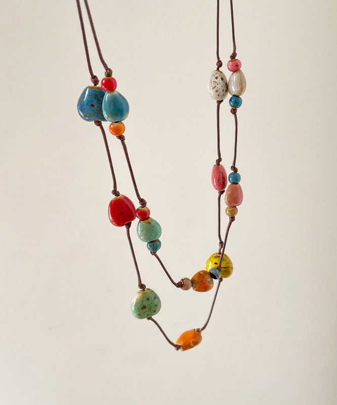 Rainbow Wax Rope Ceramic Double-layer Pendant Necklace