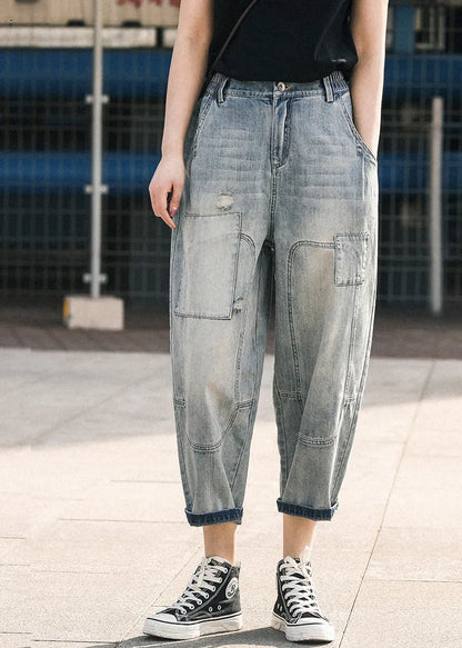 Blue Oversized Patchwork Applique Denim Ripped Pants Summer