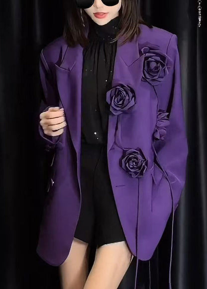 Purple Peter Pan Collar Button Spandex Coats Spring