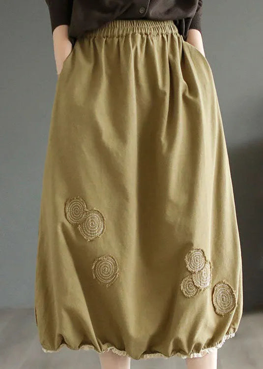 Handmade Khaki Embroidered Elastic Waist Patchwork Cotton Skirts Spring