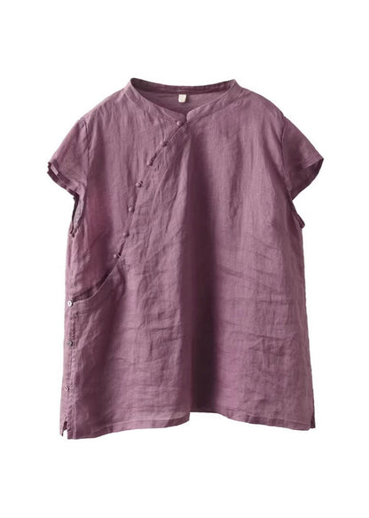 Purple Stand Collar Button Linen Shirts Summer