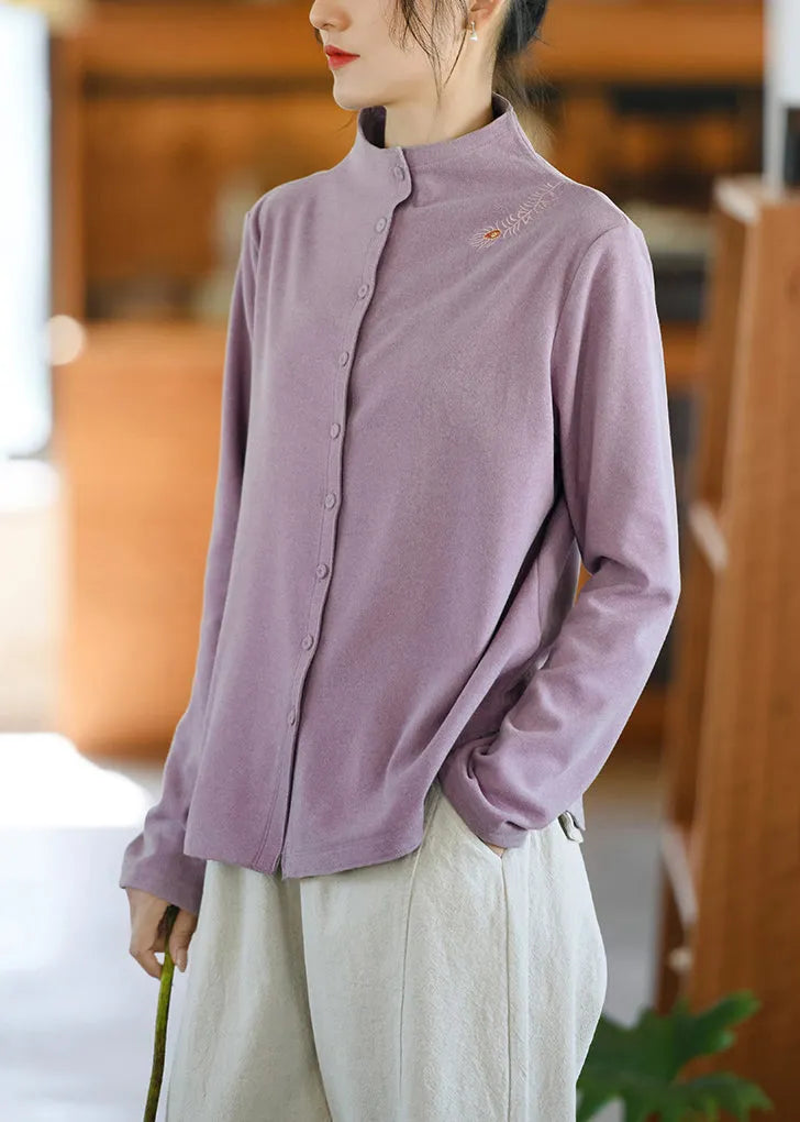 New Coffee Half High Neck Embroidered Button Cotton Top Spring