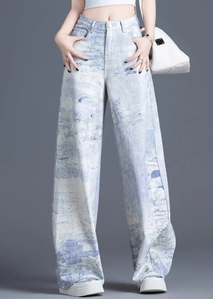 Stylish Blue Pockets Tie Dye Cotton Straight Pants Spring