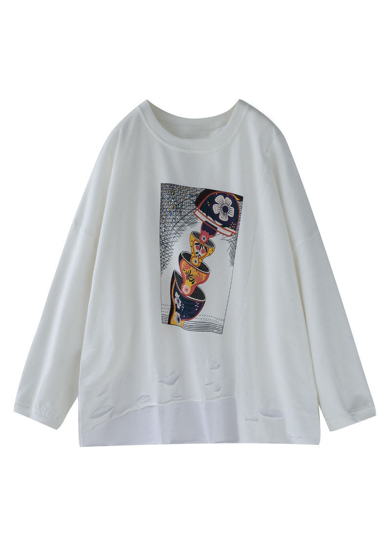 White O-neck Hole Print Cotton Pullover Sweatshirt Long Sleeve