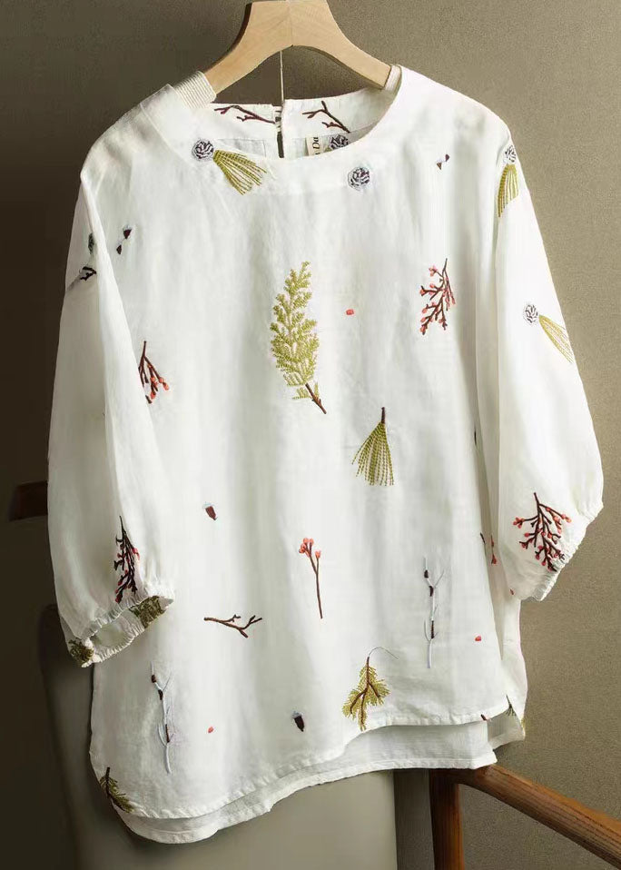 White Patchwork Linen T Shirt Tops Embroidered Lantern Sleeve