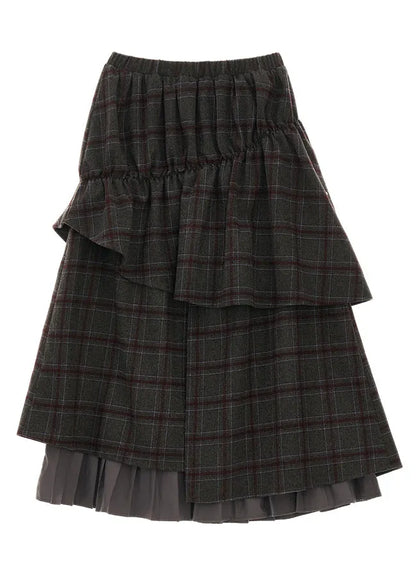 Grey Plaid False Two Pieces Patchwork Cotton Skirts Fall