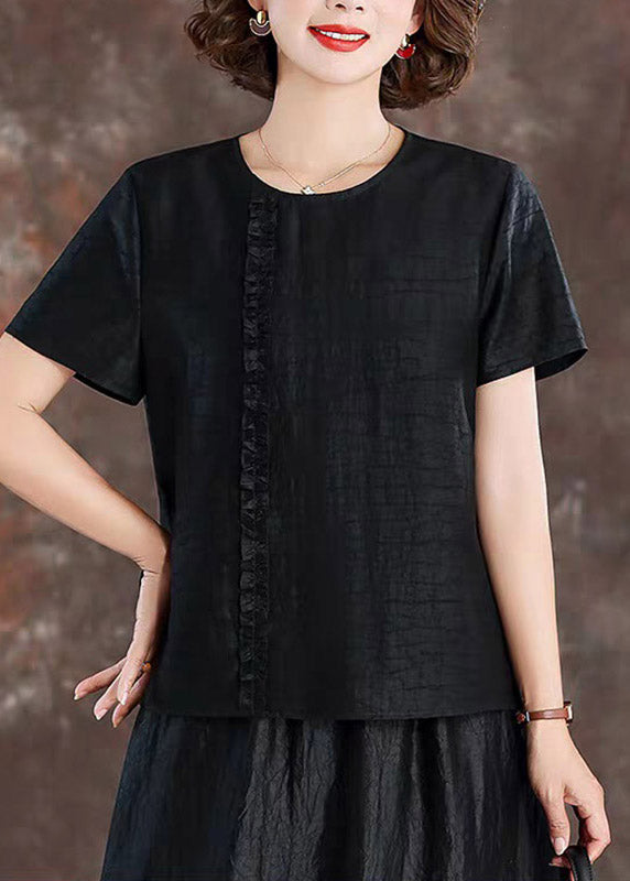 Black Ruffled Patchwork Silk Tops Short Sleeve