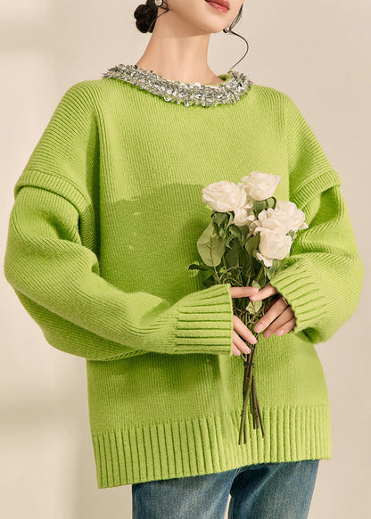 Green O-neck Patchwork Cotton Knit Sweater Long Sleeve