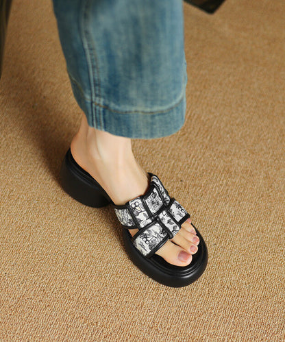 Apricot Cowhide Leather Splicing Chunky Heel Slide Sandals