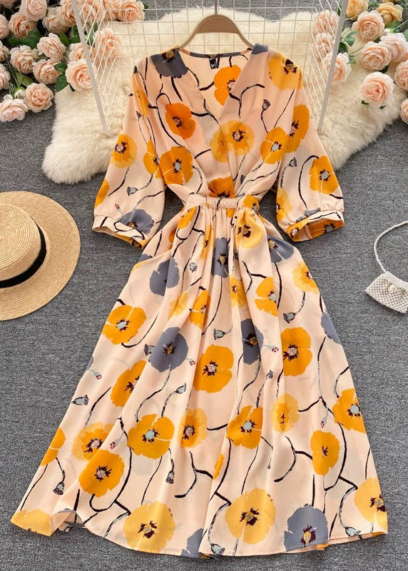 Black V Neck Print Chiffon Dresses Half Sleeve