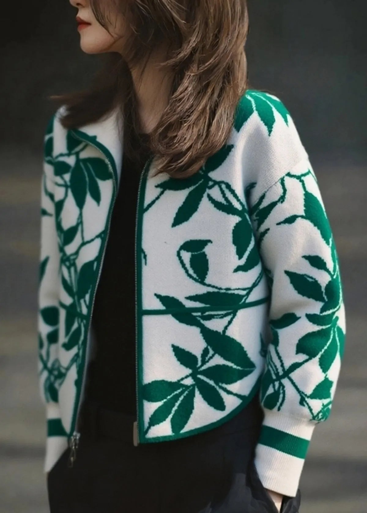 Green Zippered Patchwork Cotton Knit Cardigans Fall