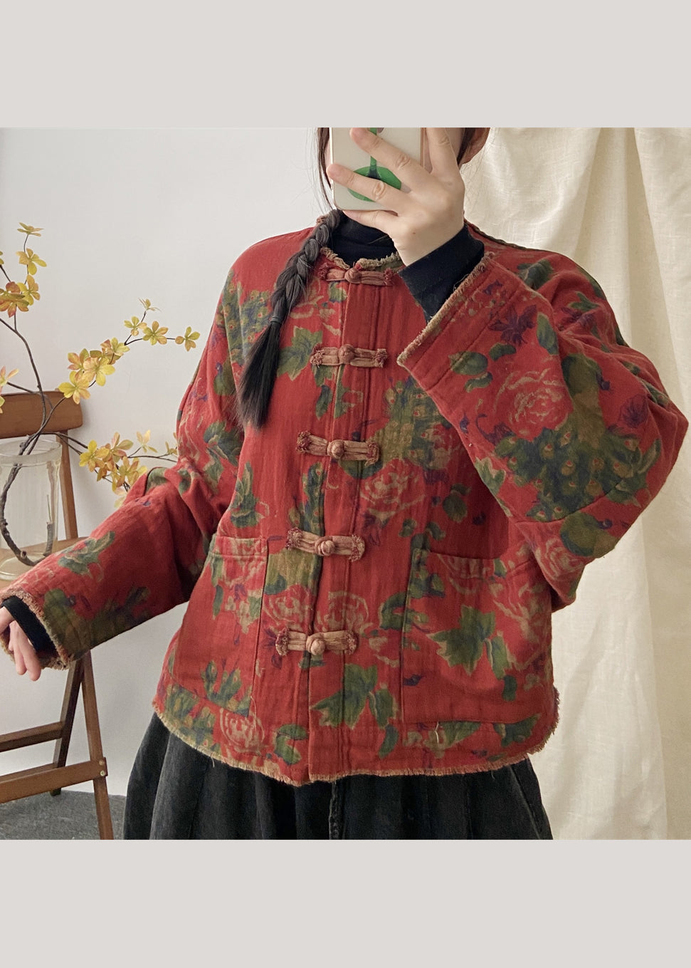 Orange Print Pockets Chinese Button Patchwork Cotton Coat Fall