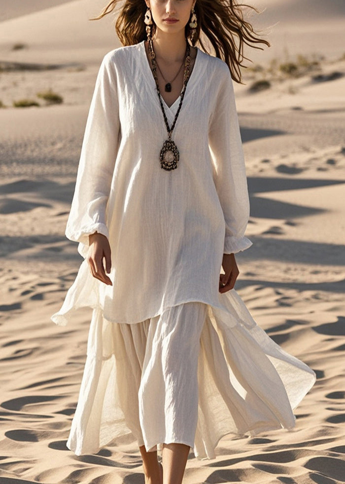 White Oversized Cotton Fake Two Piece Dresses Fall