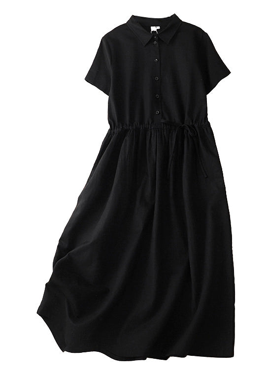 Pink Peter Pan Collar Drawstring Cotton Long Dress Summer