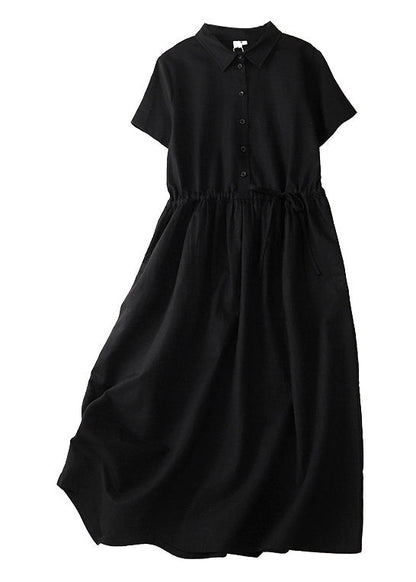 Pink Peter Pan Collar Drawstring Cotton Long Dress Summer