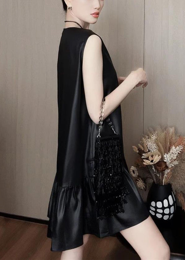 New Black V Neck Silk Mid Dress Sleeveless