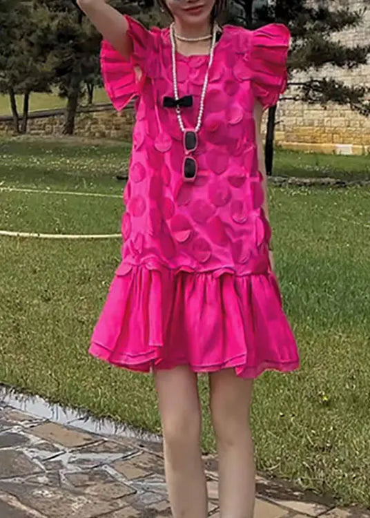 Stylish Rose O Neck Petal Patchwork Chiffon Dress Butterfly Sleeve