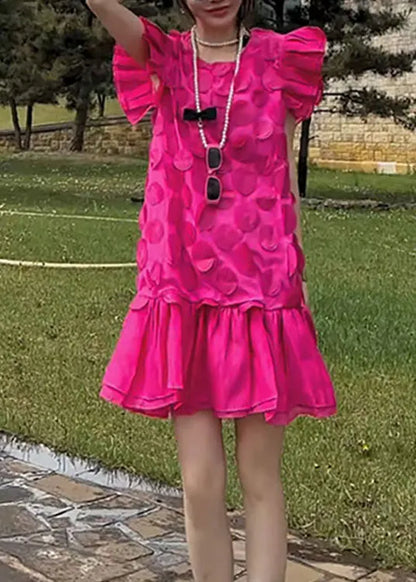 Stylish Rose O Neck Petal Patchwork Chiffon Dress Butterfly Sleeve
