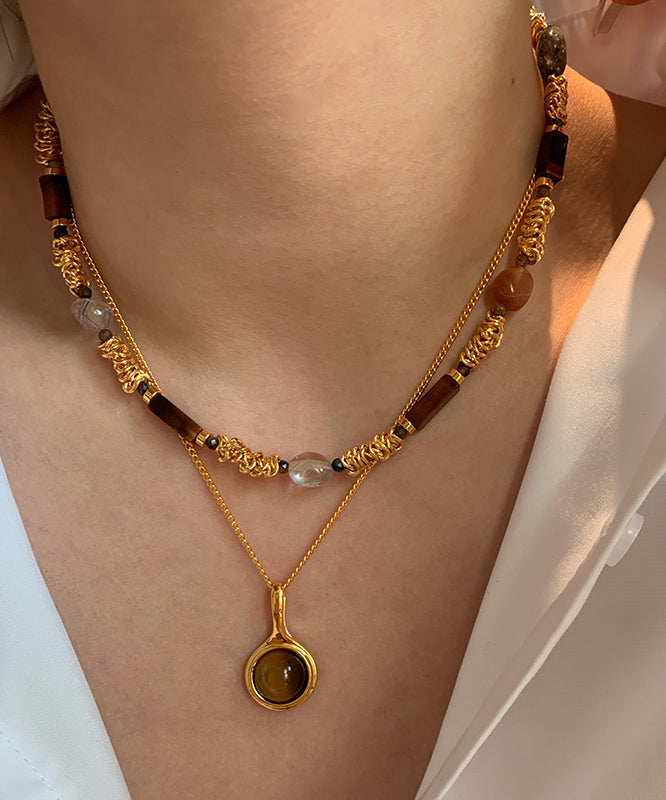Gold Copper Overgild Tiger's-eye Beads Two-piece Set Pendant Necklace