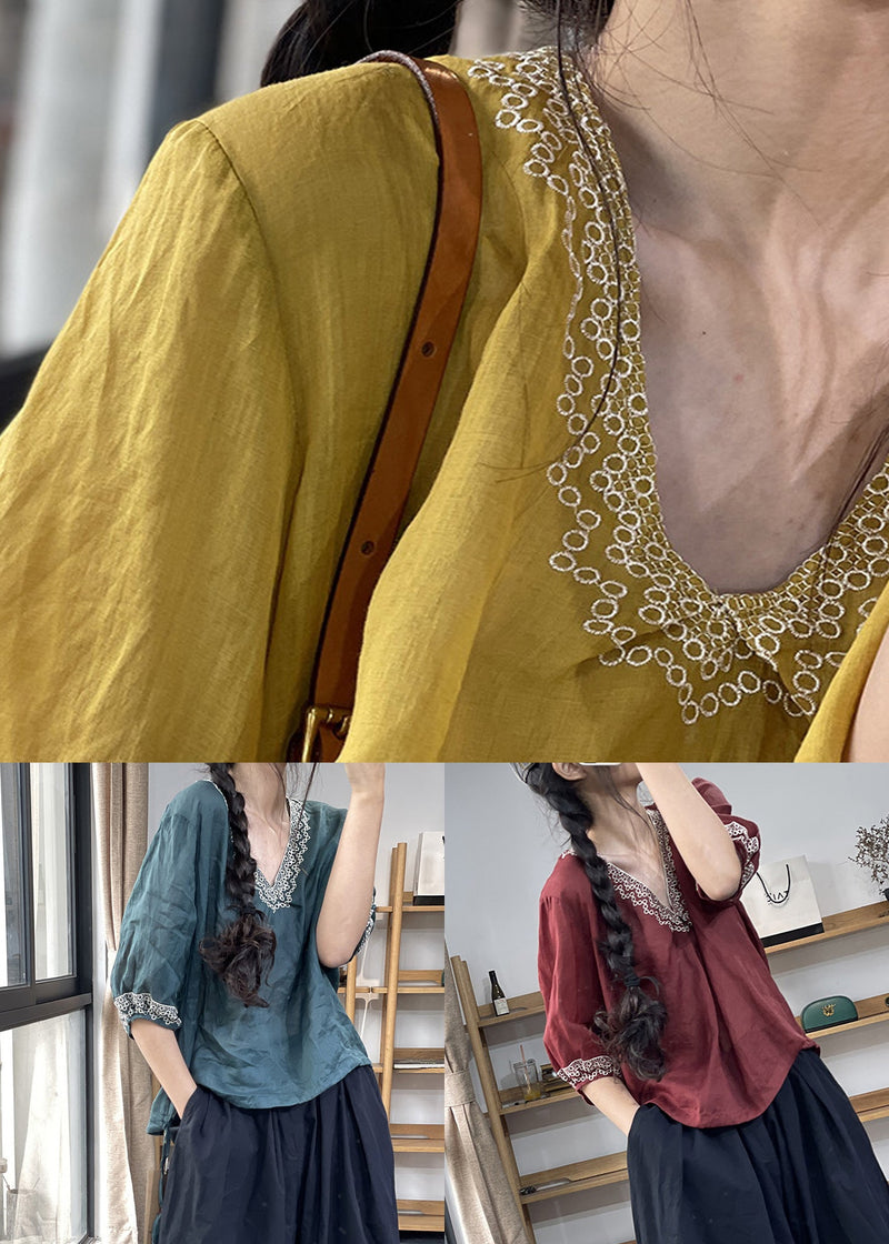 Yellow Embroidered Patchwork Linen Summer Shirts V Neck