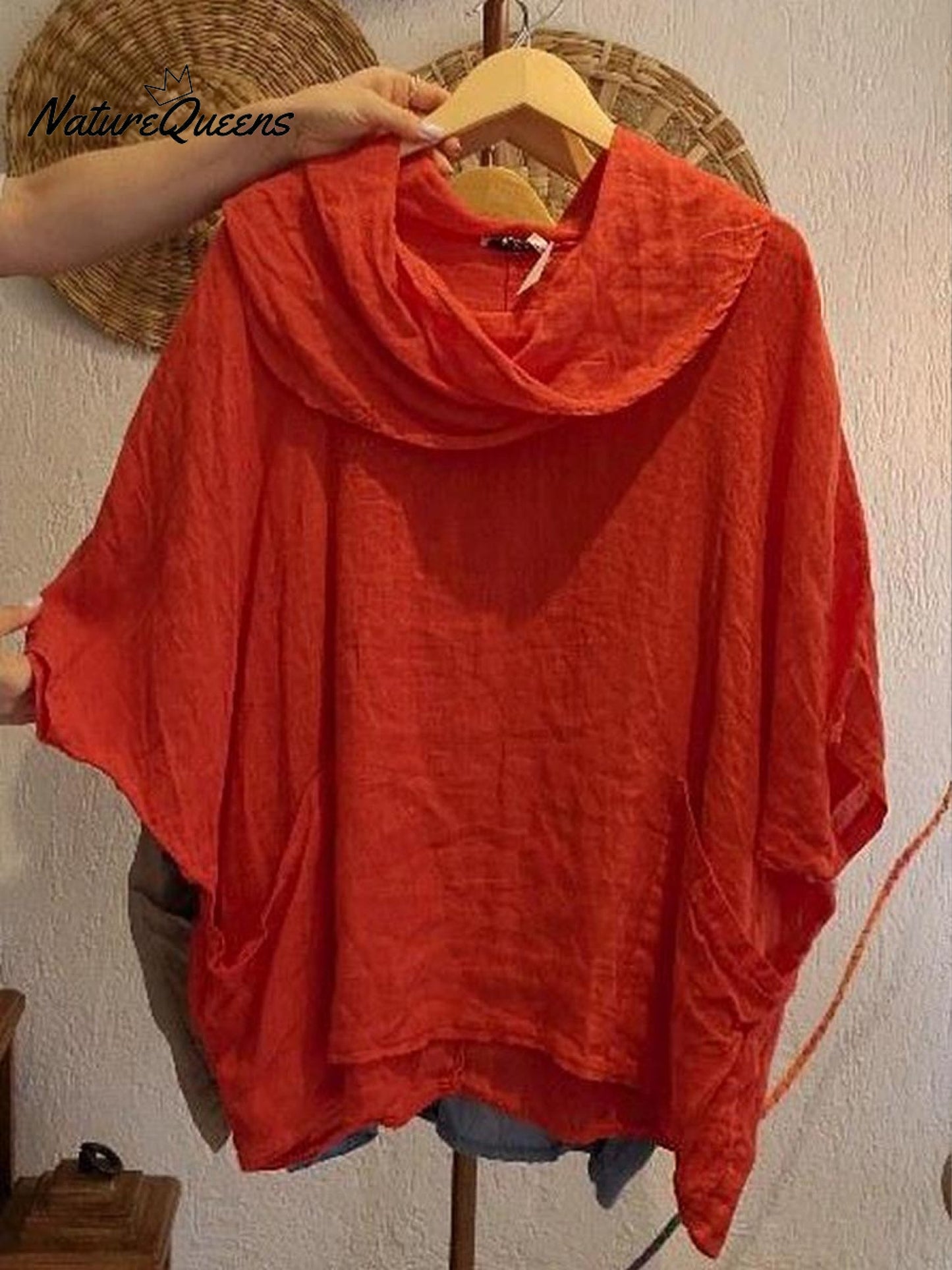 Color Draped Neck 3/4 Sleeve Comfortable Linen Pocket Top