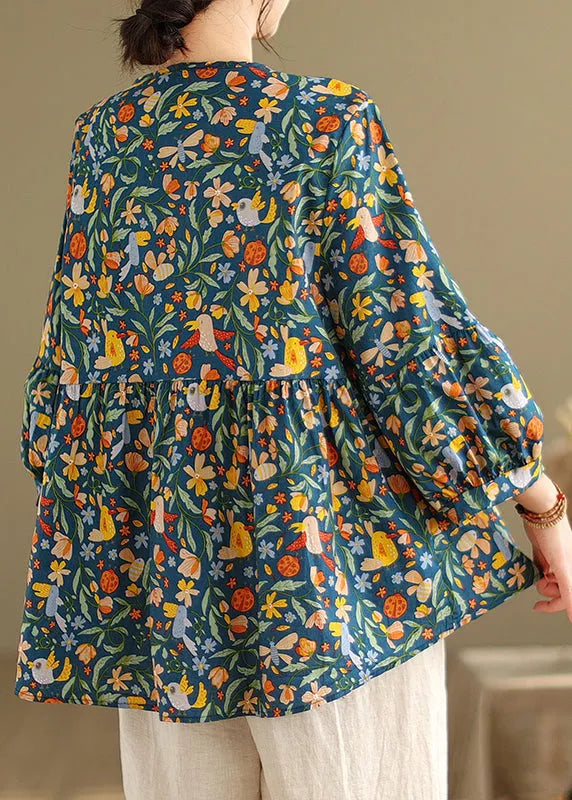 Diy Green Print Cotton a Line Shirt Tops Spring
