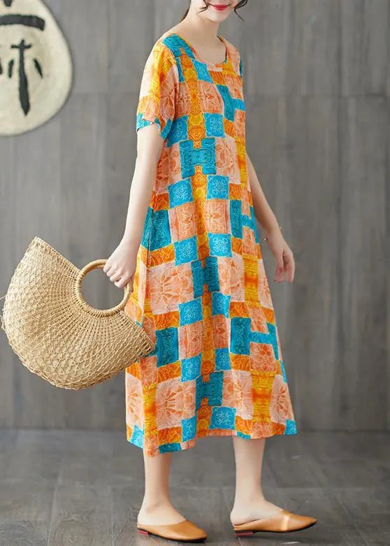 Orange Red Prints Linen Cotton Dresses O Neck Dresses Summer Dresses