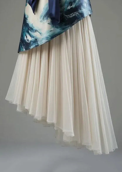 French Blue Asymmetrical Lace Up Tulle Patchwork Skirts Summer