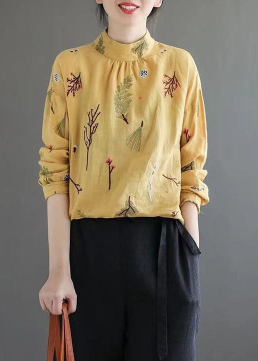 Yellow Wrinkled Embroidered Patchwork Linen Shirt Tops Spring