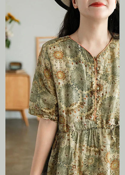Classy Khaki Button Tie Waist Print Fall Maxi Dress Half Sleeve