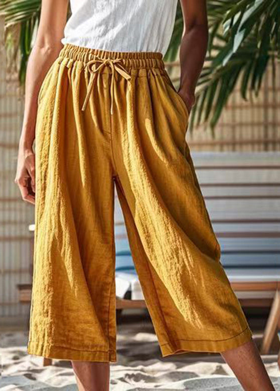 Earth Yellow Pockets Patchwork Elastic Waist Crop Pants Summer