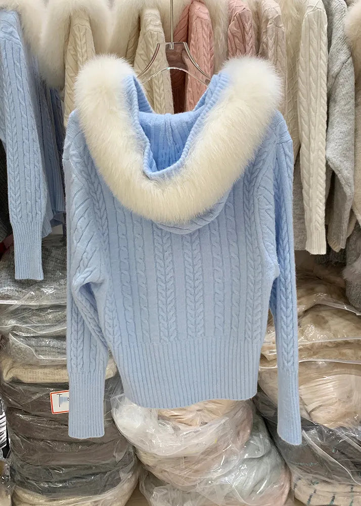 White Zippered Patchwork Hooded Cotton Knit Cardigan Winter