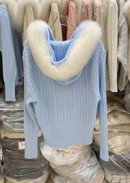 White Zippered Patchwork Hooded Cotton Knit Cardigan Winter