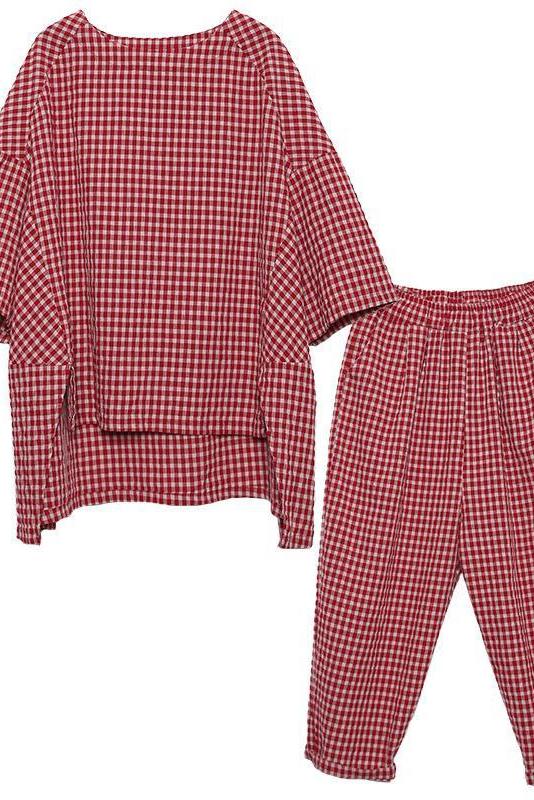 Limited Stock- Cotton Linen Plaid Retro Blouse and Pants