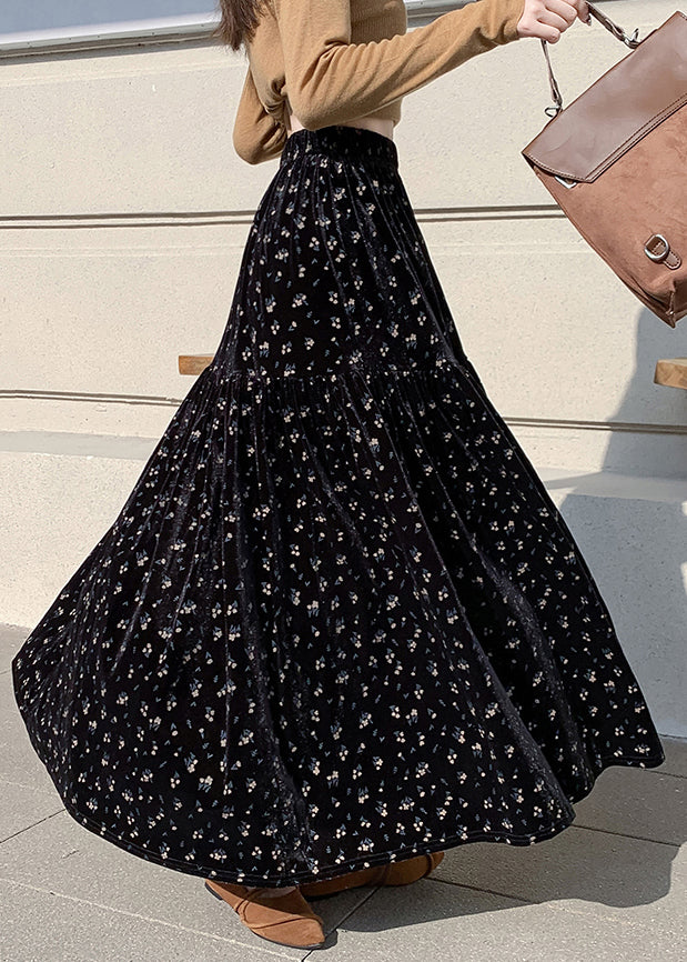 Apricot Print Wrinkled High Waist Velvet Skirts