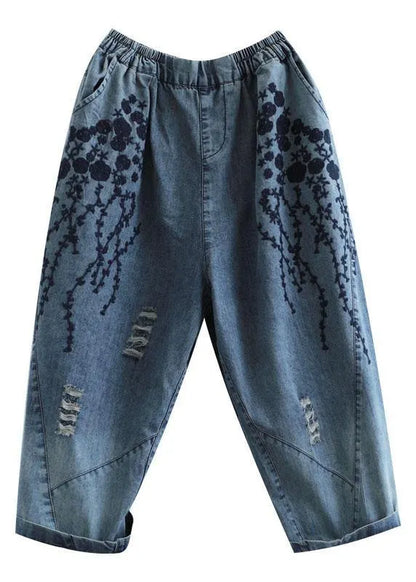 Blue Embroidered Summer Denim Pants