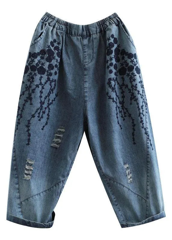 Blue Embroidered Summer Denim Pants