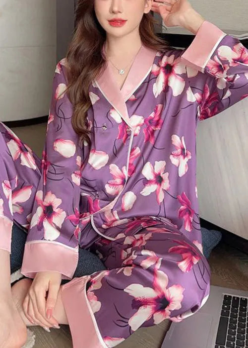 Purple Print Patchwork Ice Silk Pajamas Two Piece Set Spring