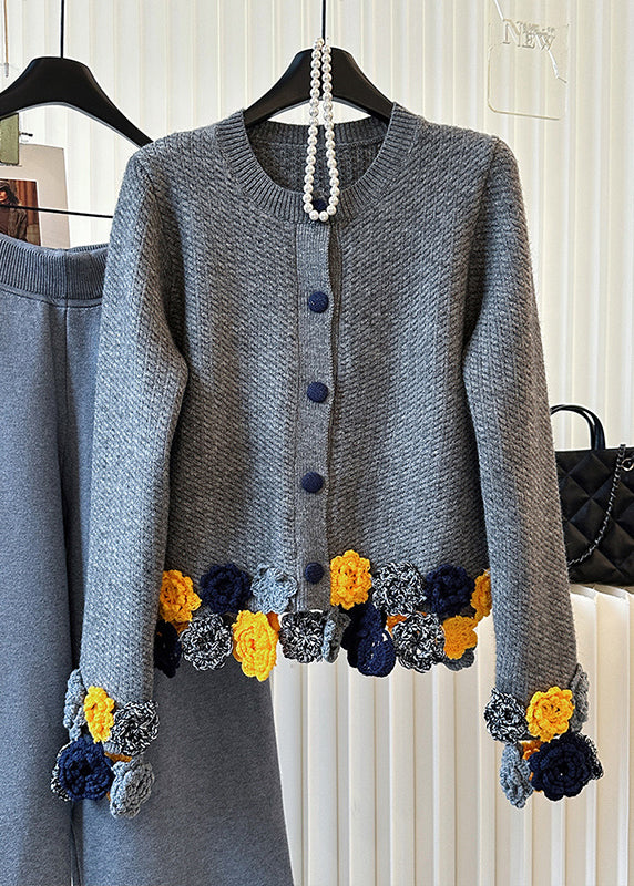 Grey O-neck Knit Cardigan Winter