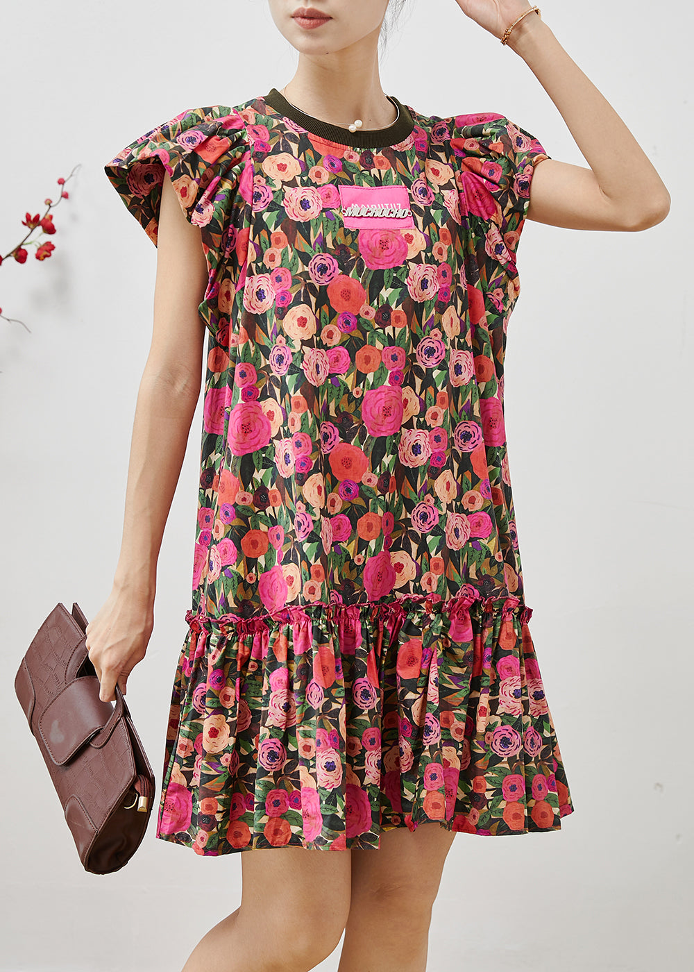French Rose Cotton Mini Dresses Petal Sleeve