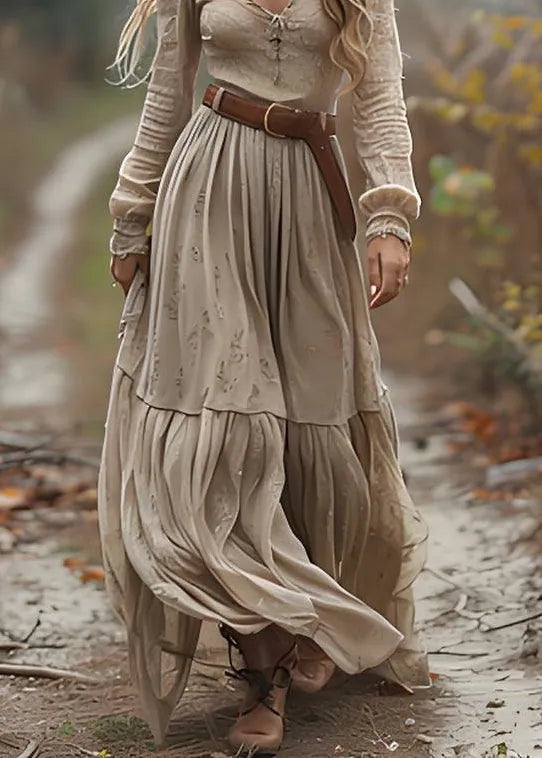 Beige V Neck Wrinkled Patchwork Cotton Ankle Dress Spring