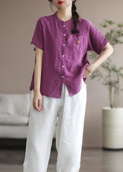 Purple Embroidered Pocket Linen Shirt Top Short Sleeve