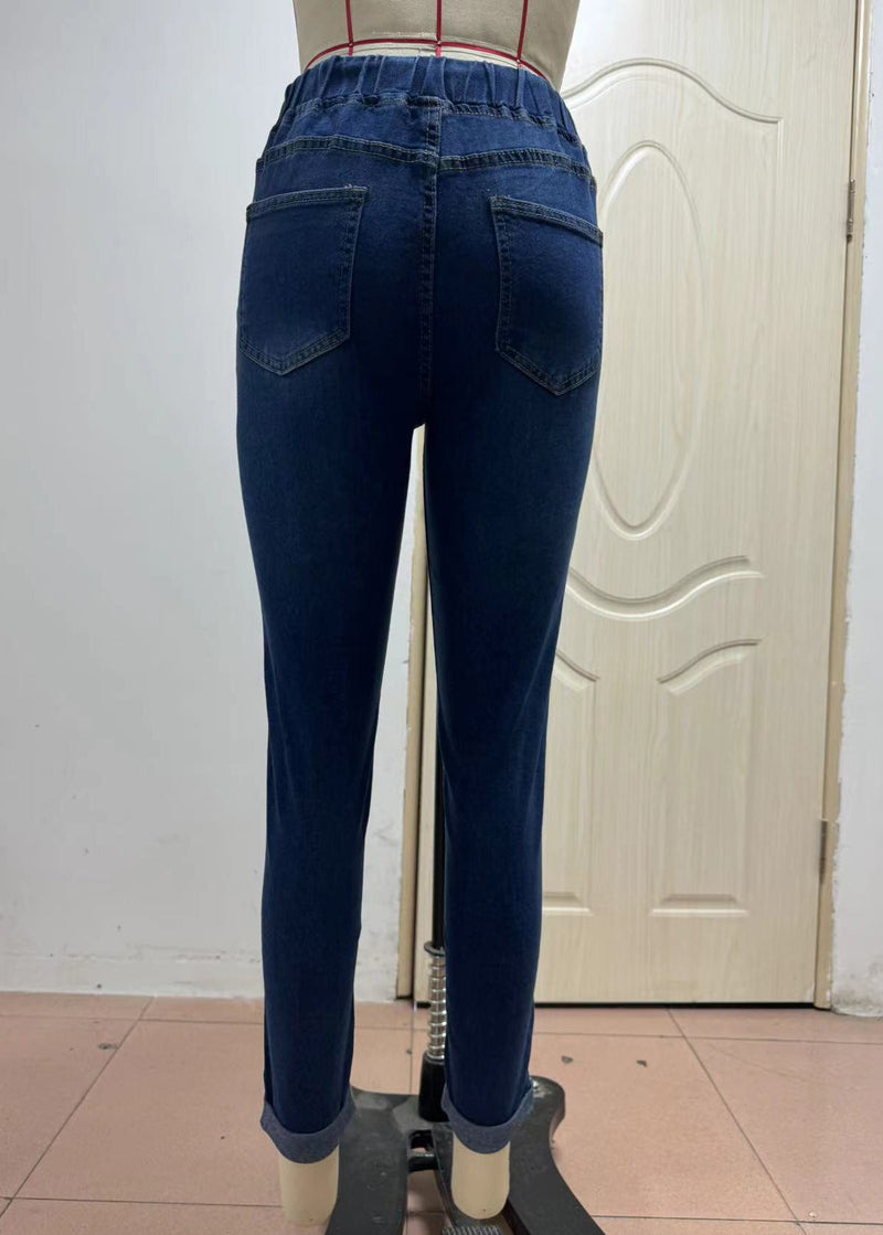 Loose Navy Lace Up Elastic Waist Denim Denim Crop Pants Summer