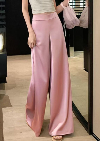 Simple Pink High Waist Silk Wide Leg Pants Summer